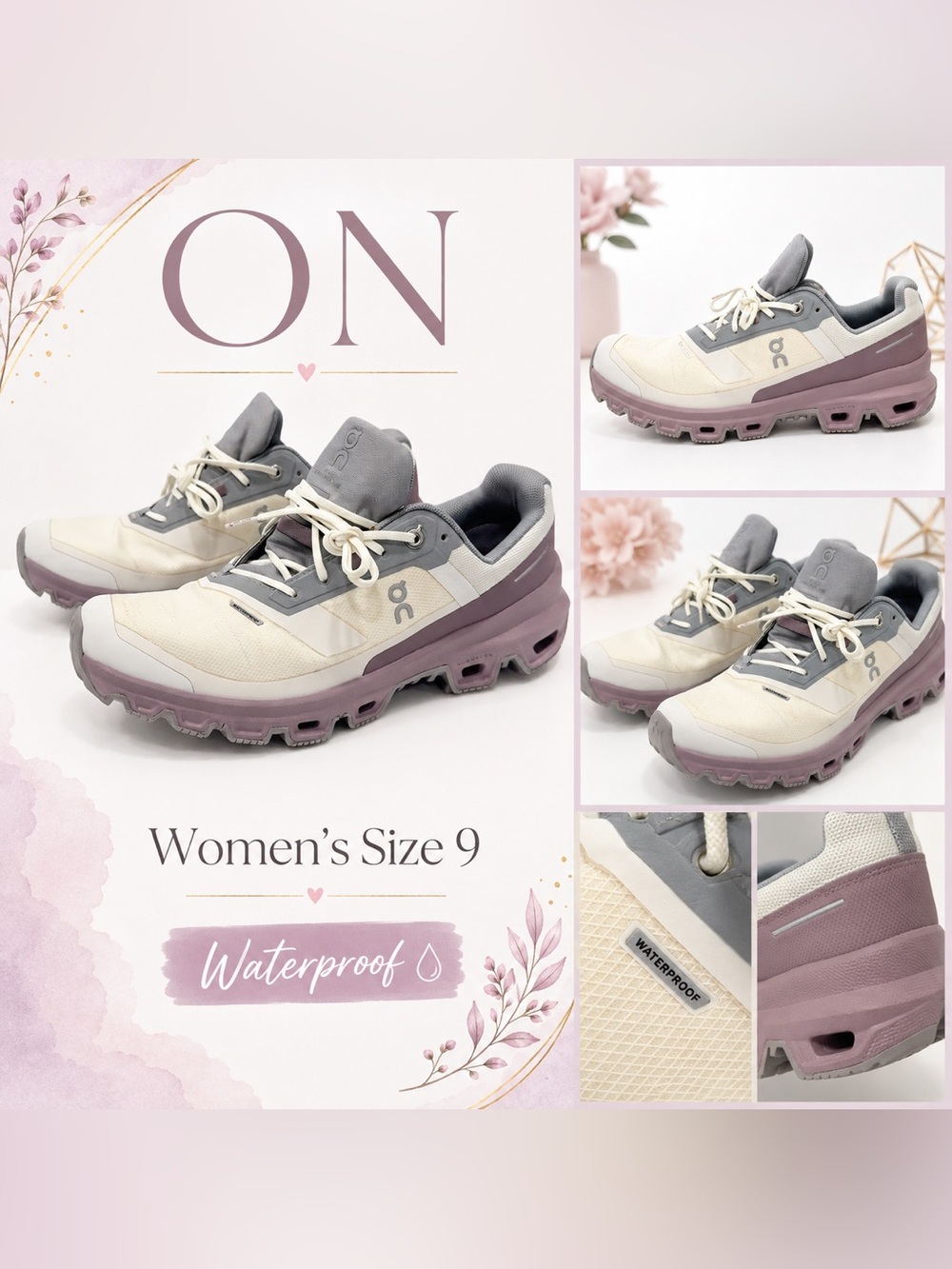 On Running Women's Waterproof Athletic Shoes in Cream, Gray & Mauve size 9